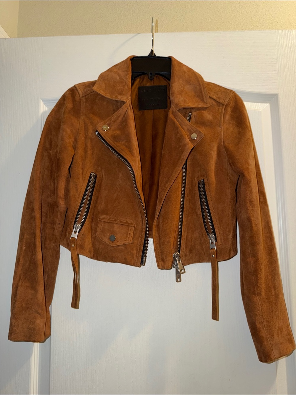 All Saints Suede Moto Jacket in Cognac